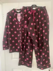 Peter Alexander Ladies Chocolate/Pink Spot Flannelette Pyjama Set Large