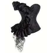 Ruffle Corset Bustier Tummy Control Lace Up Jacquard Body Shaper Black XXL (14)