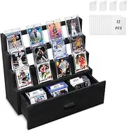 Emfogo Trading Card Display, 3-Tier Trading Card Storage with Custom Drawer, Wood Graded Card Display with Card Supporters and Dividers, Baseball Sports Card Display Case for Card Collection (Black)