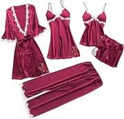 3FLQOOPP Women's Exotic Lingerie Sets Women Pajamas Sets Faux Silk Pajamas Sleepwear Sets Elegant Sexy Lace Homewear V Neck (Wine X)
