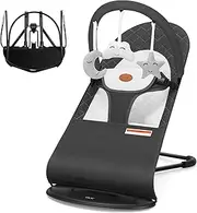 HKAI Portable Baby Bouncer for 0-18 Months, 100% Cotton Fabric, 3 Usage Modes with Rocking and Stationary Options, Rocking Chair with Hanging Toy, Dark Grey