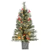 Costway 90 CM Potted Christmas Tree Pre-lit Artificial Xmas Tree in Urn w/125 Tips &Red Berries Porch Entrance