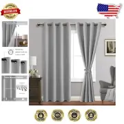 Set of 2 Silver Grey Blackout Window Curtains with Tiebacks - Thermal Insulation
