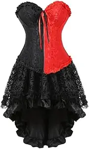 [FAWENLI] Fashion Sexy Corset Dress Women Zipper Front Overbust Corset Lingerie Top With Steampunk Skirt Set Floral Cors