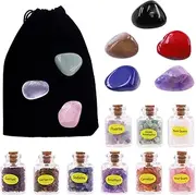 Keadic Reiki Healing Crystal Tumbled Gemstone Wicca Stones Set Include 8 pcs Natural Tumbled Polished Chakra Stones Set with Bag, 9 Pcs Mini Crystals Stone Chip Bottles for Yoga, Healing, Meditation