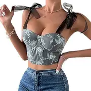 [Generic] Women's Floral Lace Cami Crop Top Spaghetti Strap Sheer Mesh Corset Bustier Tops Bralette