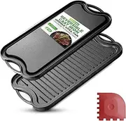 NutriChef Cast Iron Griddle Reversible- Flat & Grilled, Heavy Duty BBQ Skillet Griddle, Extra Wide Flat Grill Pan, with Scraper, One side is Safe for Induction, and All other Stovetops