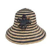Magid Straw Hats Striped Blue Tan Floral Accent NWT Women Sun Beach Hat