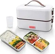 Self Cooking Electric Lunch Box, Portable Food Warmer for Home Office School, 2 Layers 0.8L Mini Rice Cooker Steamer Lunch Box with Removable Stainless Steel Container, Auto Off
