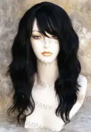 HUMAN HAIR Blend Wig Wavy Jet Black Heat Safe Bangs WBMR 1
