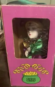 Vintage Grand Casino Mardi Gras Wind Up Music Box Moving Jester Doll NWT w/ Box
