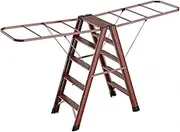5 Step Ladder, Folding Step Stool for Adults with Clothes Hanging Rack, Lightweight, Perfect for Laundry Kitchen& Household, 330lbs Capacity Sturdy Aluminum Alloy Ladder, Clothes Drying Hanger(Wood gr