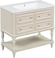 36" Bathroom Vanity with Sink Bath Vanity with Sink Modern Bathroom Vanity with 4 Drawers, Solid Wood Frame Bathroom Cabinet,Beige