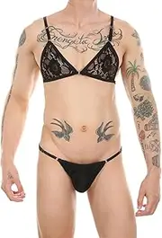 [FEOYA] Men's Sissy Bikini Lingerie Set 2 Piece Floral Lace Triangle Bra T Back Thong Crossdresser Underwear