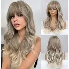 Long Ombre Ash Blonde Wigs With Bangs Heat Ok Blonde Body Wave Wig For Women 26"