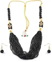 [INDIA MADE] Gold-Plated Black & White Kundan Studded & Pearls Beaded Jewellery Set-AMZ-273, Silver, Emerald