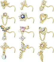 [Kakonia] 12 PCS 20G Nose Ring Dangle Nose Ring Nose Rings L Shaped Screw Studs Nose Rings Nose Studs For Women Stainless Steel CZ Heart Nose Ring Star Nose Piercing