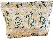 Lolieden Makeup Bag, Embroidered Canvas Cosmetic Pouch Travel Toiletry Bag for Women, Zipper Organizer for Purse(Daisy White
