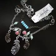 NWT LUCKY BRAND Peacock Feather two Strands Silver Brass Mix Necklace NEW $42