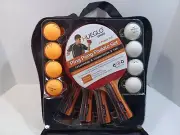 HUEGLO Ping Pong Paddle 4 Player Set 4 Paddles 8 Balls Carrying Case *NEW*