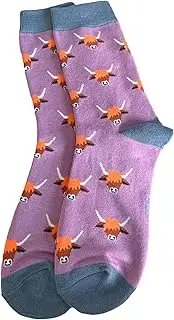 [Purple Possum] Highland Cow Socks Ladies Cattle Cows Hairy Coos Lilac Fun Novelty 1 Pair Size 3 to 7, Purple, 3-7
