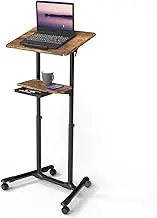 ETHU Mobile Lectern Multi-Purpose Podium,Height Adjustable Laptop Table Standing Desk with Tilting Top, Storage Tray, Cup Holder & Wheels, Sit Stand Desk for School, Office, Home