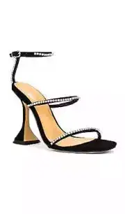 TONY BIANCO Size 9 Shy Sandal In Black Suede Rhinestone Heel Square Toe Women’s