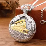Vintage Steam Train Antique Chain Quartz Locomotive Pendant Pocket Watch Silver