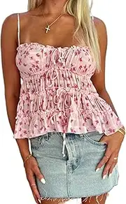 [Yojeasrio] Women Y2k Floral Babydoll Tank Top Spaghetti Strap Ruffle Cami Top Summer Boho Flowy Peplum Crop Top Streetwear
