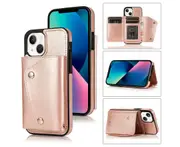 Case for iPhone 13 Mini, Leather Wallet Case With Card Pockets Back Flip Shockproof Cover Case-Rose Gold