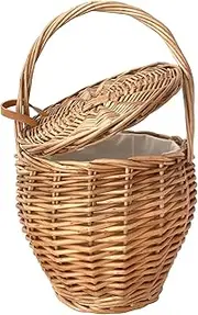 UPTALY 1 pcs Natural Willow Wicker Handbag with Lid (20 cm x 34 cm), Handcrafted, Retro Bucket Bag with Cover, Round Flower Basket, Hanging Planters, Rattan Tote Bag for Women, Beach Bag, for Picnic