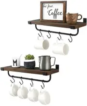 Mug Holder Wall Mounted Coffee Mug Rack Set of 2 Rustic Floating Shelf Brown