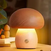 Wooden Mushroom Lamp Portable Small: Cordless Night Light Stepless Dimming Bedroom Decor for Kids