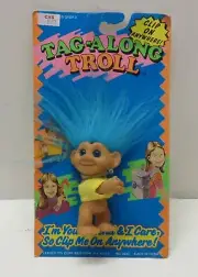 NOS Vintage Tag-Along Blue Hair Troll Doll Clip On Tag Along