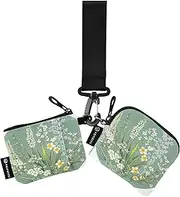 [Caihoyu] Spring Flowers Green Women's Dual Wallets Busniess Card Cases Slim Detachable Key Chain Wallet Change Purse with Wristle Strap for Men Women 2 Pcs, Multicolor, 4.13"(L) x 3.5"(W), Travel Accessory