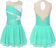 [iEFiEL] Kids Girls Gymnastic Skating Dress Ice Skating Dance Leotard Skirt Patchwork Figure Skating Sundress