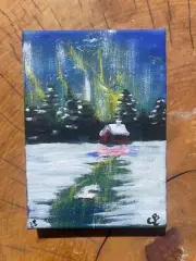 Aurora Borealis Winter Scene Hand-Painted Canvas Art 7" x 5" Miniature