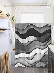 Clblhlolkuy Black Grey White Waves Waterproof Shower Curtain for Bathroom, Abstract Gradient Ocean Hotel Fabric Soft Bath Curtain with Semi-Transparent Top Window & Hooks, 72"x72"