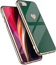 EYZUTAK Case for iPhone 7 iPhone 8 iPhone SE 2020, Soft Silicone TPU Slim Case Electroplated Heart Phone Case Simple Luxury Shockproof Protective Case - Dark Green