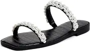[Coutgo] Womens Flat Sandals Square Open Toe Pearl Two Strap Slip On Beach Slide Dressy Sandal