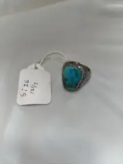 Native American Sterling Silver Turquoise Ring Signed By Grey Wolf Sz 12.5