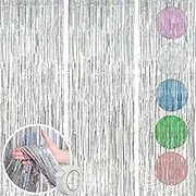 Silver Foil Fringe Tinsel Backdrop ,3PCS Metallic Tassel Curtains Party Decorations,（Double-Sided Tape Will be Given ）Laser Foil Curtains Streamers Photo Booth Props Wedding Shower Birthday Background