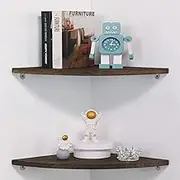 12 inch Corner Wall Shelf, Set of 2 Solid Wood Corner Floating Shelves for Wall, Round End Wall Mounted Floating Shelf for Bedroom, Living Room and Kitchen (Brown-12 inch)
