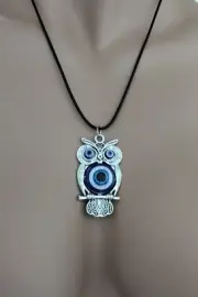 Stunning Owl NEW Pendant Necklace Silver Tone Leather Cord Evil Eyes Beautiful