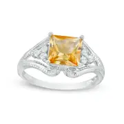 7.25mm Princess-Cut Citrine and Lab-Created White Sapphire Split Shank Ring in Sterling Silver