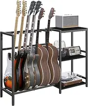 MAHANCRIS Guitar Stand for 7 Acoustic, Electric Guitar, Bass, Record Stand, Albums, Vinyl Record Storage, Foam Coated for Music Studio, Black AGSBK9701