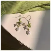 Faux Pearl Flower Stud Earring / Hook Earring / Necklace / Bracelet 1 Pair - 02 - Hook Earring - Flower - Faux Pearl - Green & White - One Size