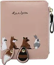 [WisePoint] Coin Purse PU Leather Purse with 9 Slots, Portable Ladies Purse with Zipped and Snap, Bifold Purses Cute Ladies Wallet with Embroidered Animal Pattern for Traveling, Working, Pink, S, Animal
