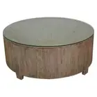 RHONDA FARMHOUSE STYLE ROUND COFFEE TABLE SOLID TEAK TIMBER BASE/GLASS TOP