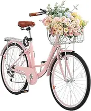 [VEVOR] Women Bike, 7-Speed and 1-Speed, 24-26 Inch Pink and Light Blue Beach Cruiser Bike, with Large Capacity Basket and Rear Rack, Adjustable Seat, Fits for Cycling, Exercise & Shopping